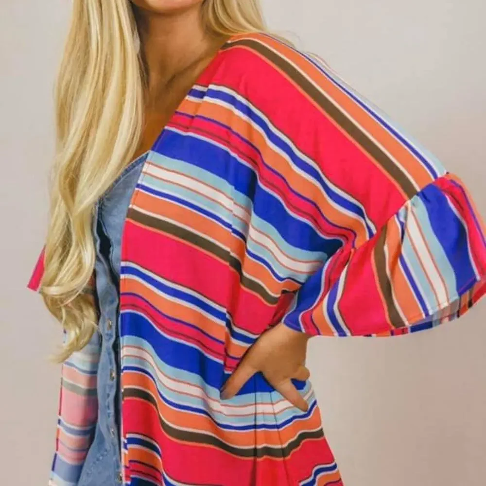 Kimono Ruffle Sleeve Stripe Small